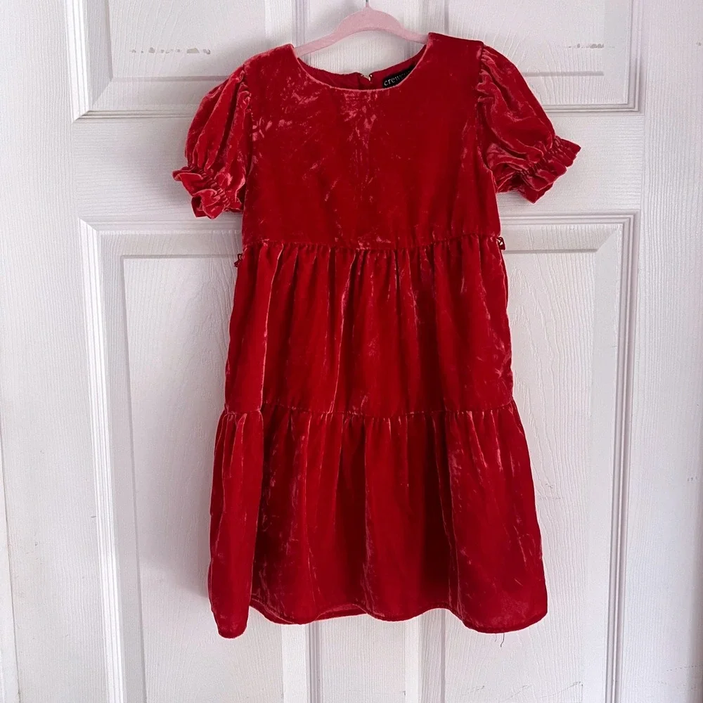 Crewcuts Velvet Dress 5 Girls Tiered Puff Sleeve Red Holiday Party dark Cool Red
